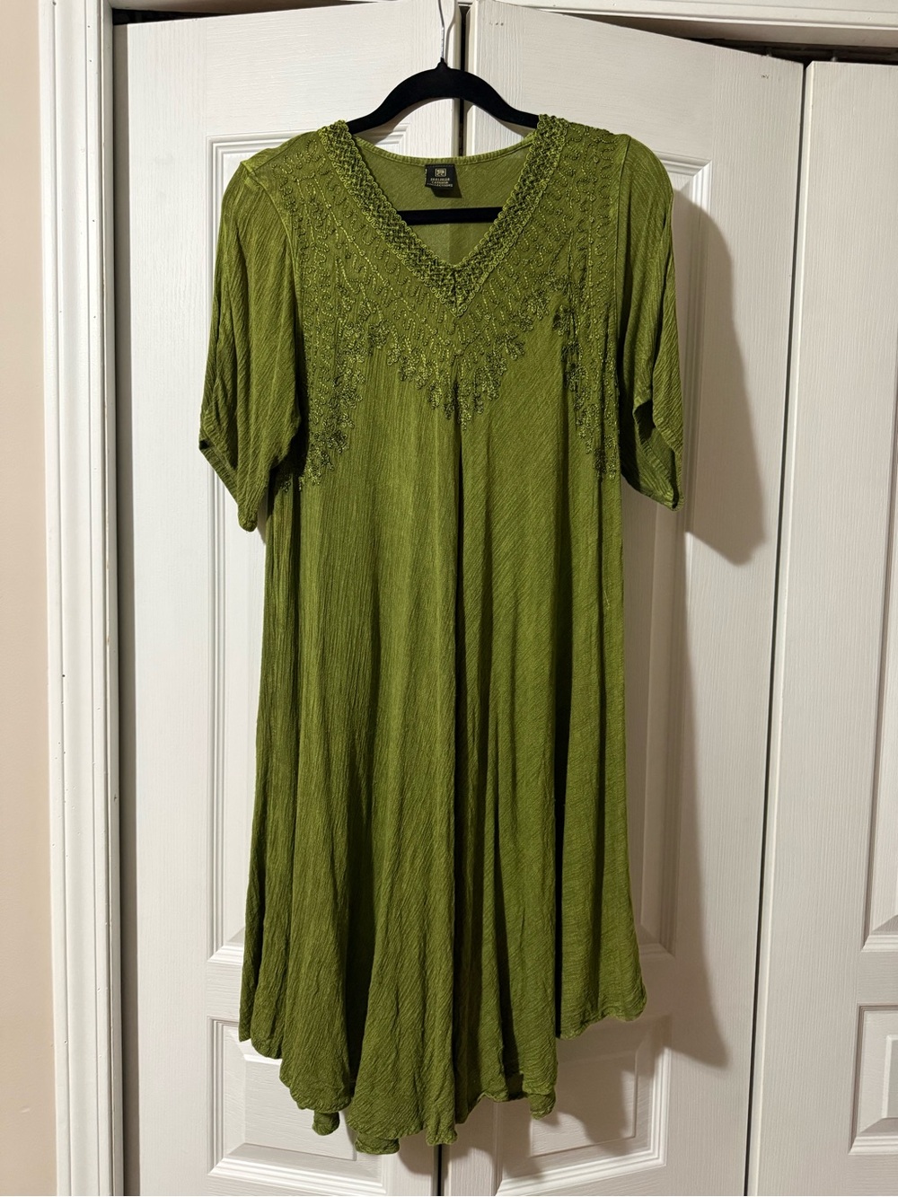 Shalimar Olive Green V-Neck Embroidered Rayon Bamboo Tunic Top/Dress OS
